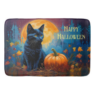 Black Kitten Pumpkin Vollmond Autumn Blätter Badematte