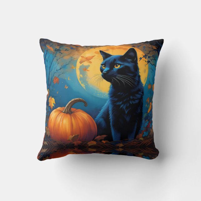 Black Kitten Pumpkin Vollmond Autumn Blätter Kissen (Rückseite)