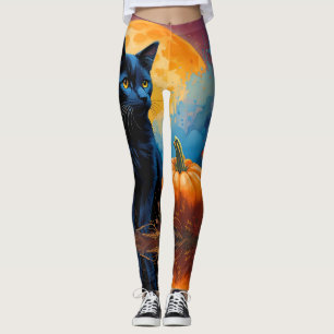Black Kitten Pumpkin Vollmond Autumn Blätter Leggings