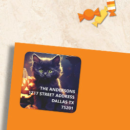 Black Kitten & Pumpkins Halloween-Adressaufkleber Quadratischer Aufkleber