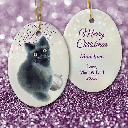 Black Kitten Silver Bulb Bokeh Weihnachten Keramik Ornament