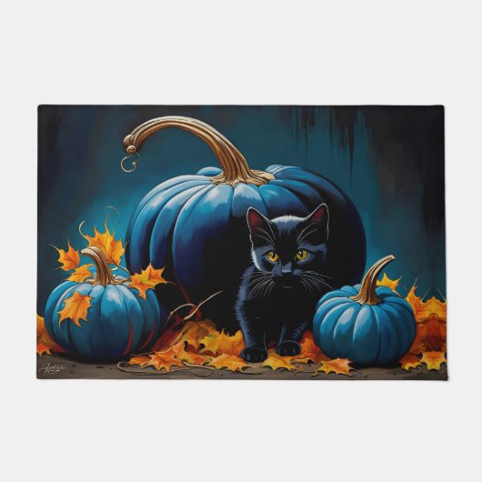 Black Kitten und Blue Moon Pumpkins Herbstleaves Fußmatte (Vorderseite)