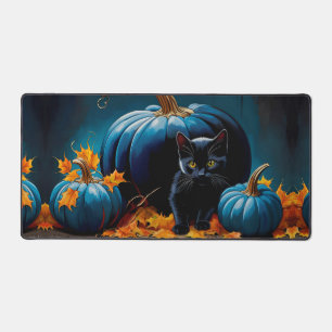 Black Kitten und Blue Moon Pumpkins Herbstleaves Schreibtischunterlage