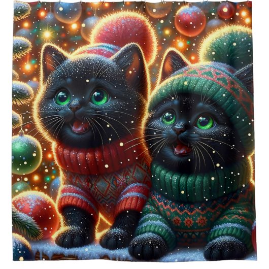 "Black Kittens’ Santa Sighting" Duschvorhang (Vorderseite)