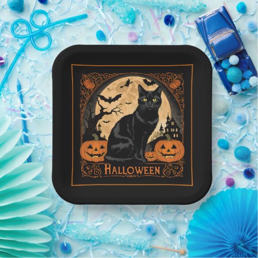 Black Kitty Cat Halloween Pappteller (Party)