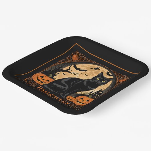 Black Kitty Cat Halloween Pappteller (Gewinkelt)