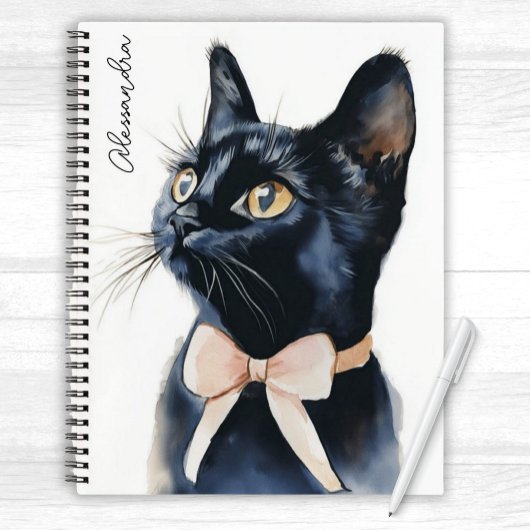 Black Kitty Cat in Peach Bow Personalisiert Notizblock
