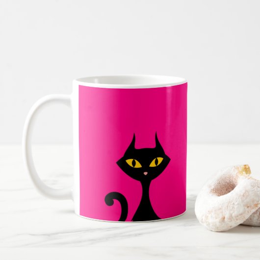 Black Kitty Cat mit rosa Hintergrund Kaffeetasse (Mit Donut)