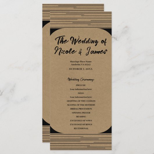 Black Kraft Minimal Moderne Linien Hochzeitsprogra Programm (Vorne/Hinten)