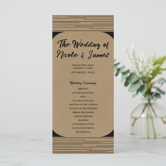 Black Kraft Minimal Moderne Linien Hochzeitsprogra Programm (Stehend Vorderseite)