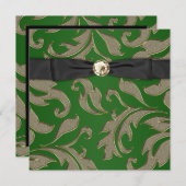 Black Krawatte Black Gold Green Damask Party Einla Einladung (Vorne/Hinten)