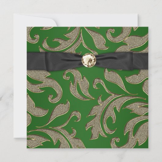 Black Krawatte Black Gold Green Damask Party Einla Einladung (Vorderseite)
