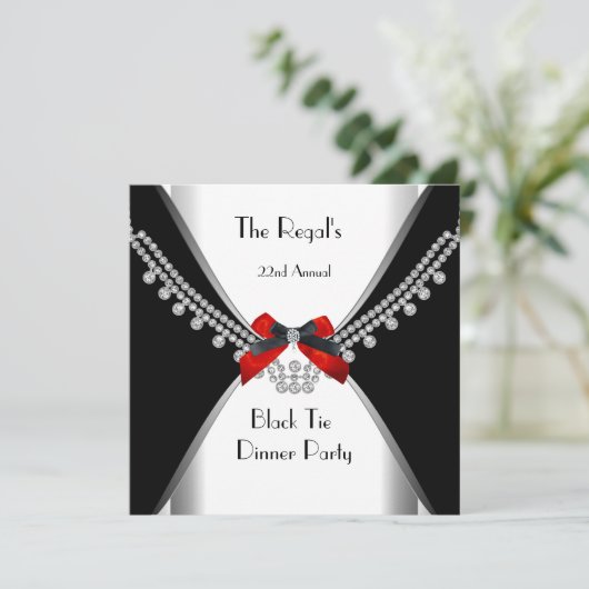 Black Krawatte Dinner White Red Bow Party 3 Einladung (Stehend Vorderseite)