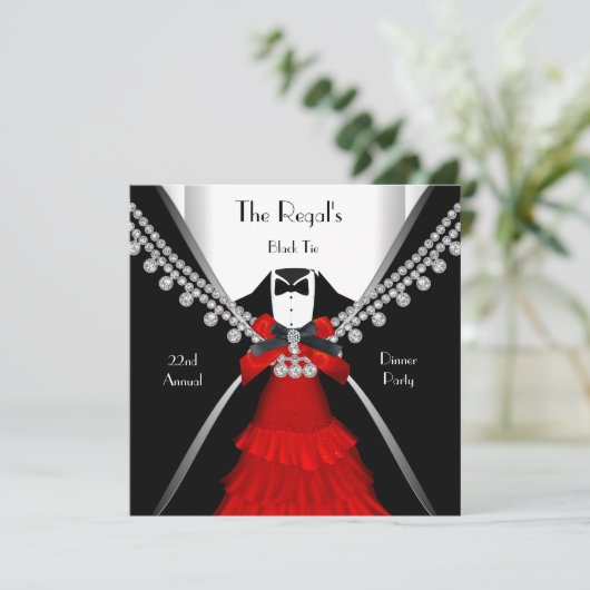 Black Krawatte Dinner White Red Bow Party Einladung (Stehend Vorderseite)