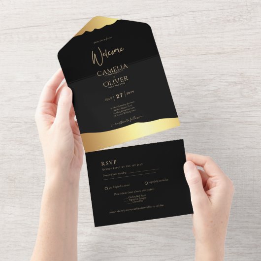 Black Krawatte Wedding Gold Foil Script Elegantes  All In One Einladung (Abreißen)