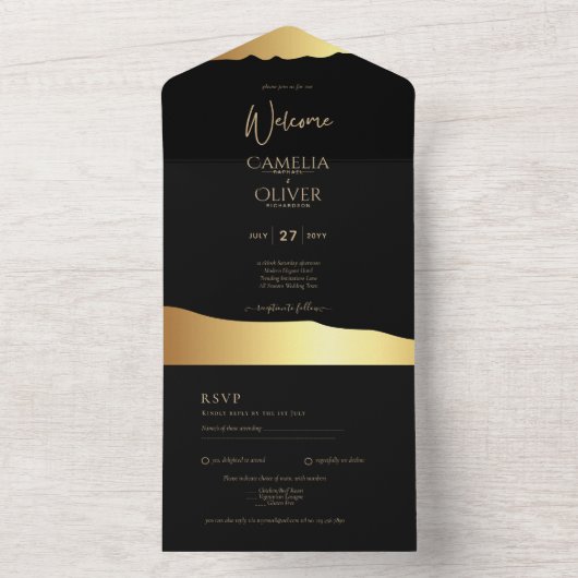 Black Krawatte Wedding Gold Foil Script Elegantes All In One Einladung (Innen Boden)