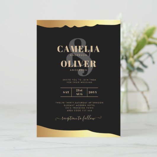 Black Krawatte Wedding Gold Foil Script Elegantes Einladung (Stehend Vorderseite)