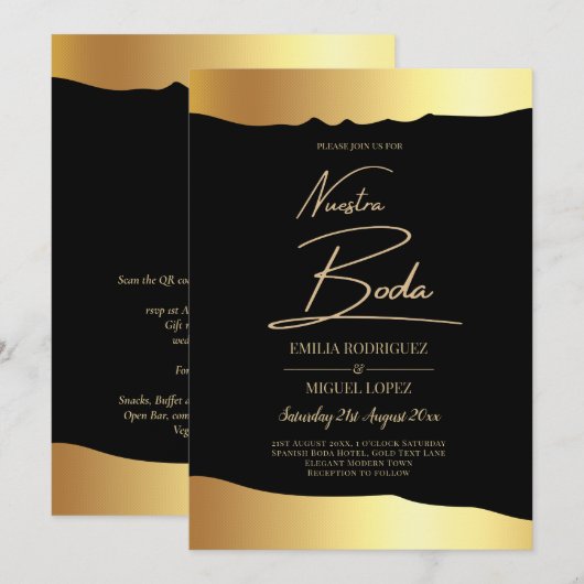 Black Krawatte Wedding Gold Foil Script Elegantes  Einladung (Vorne/Hinten)