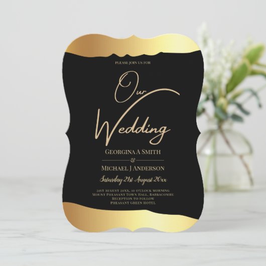 Black Krawatte Wedding Gold Foil Script Elegantes Einladung (Stehend Vorderseite)