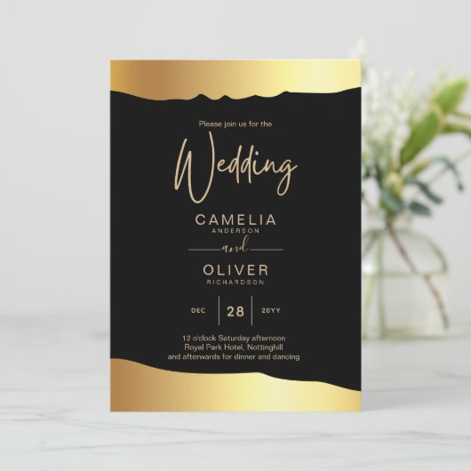 Black Krawatte Wedding Gold Foil Script Elegantes Einladung (Stehend Vorderseite)