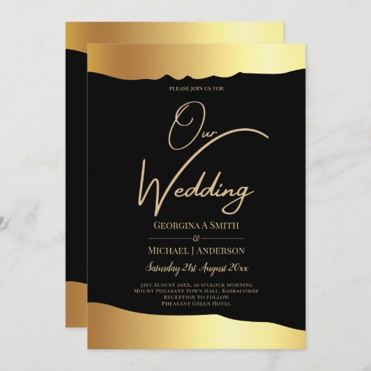 Black Krawatte Wedding Gold Foil Script Elegantes Einladung (Vorne/Hinten)