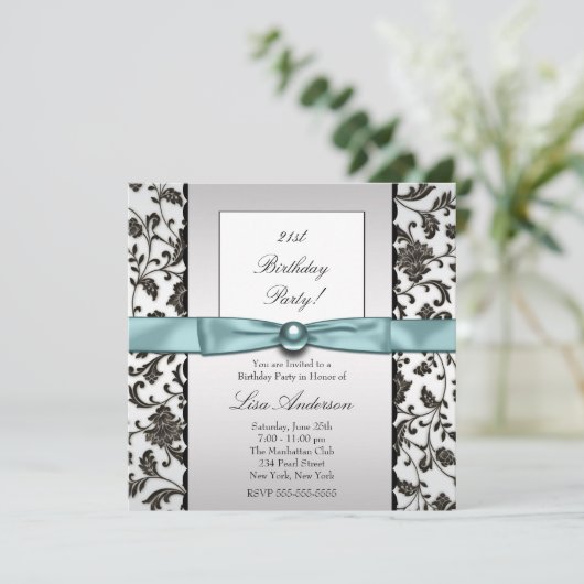 Black Krawatten Damask Womans Birthday Party Einladung (Stehend Vorderseite)