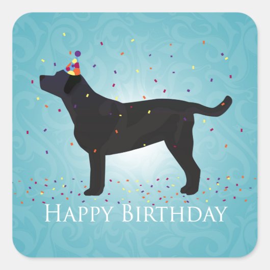 Black Lab Happy Birthday Design Quadratischer Aufkleber (Vorderseite)