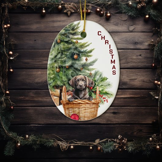 Black Lab Retriever Puppy Wicker Korb Weihnachten Keramik Ornament