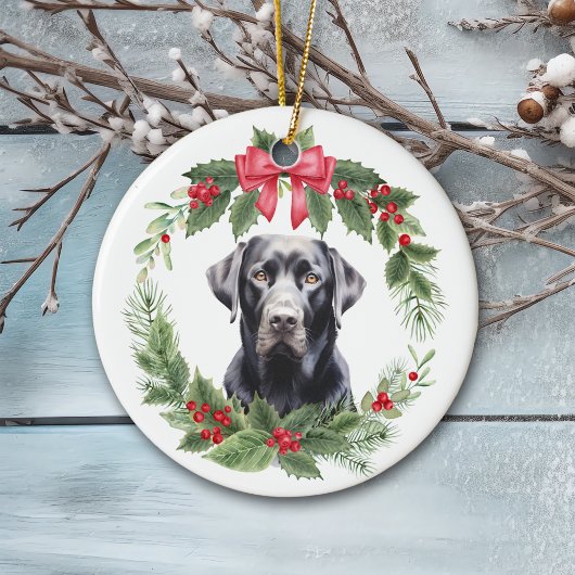 Black Lab Retriever Red Bow Holly Wreath Keramik Keramik Ornament