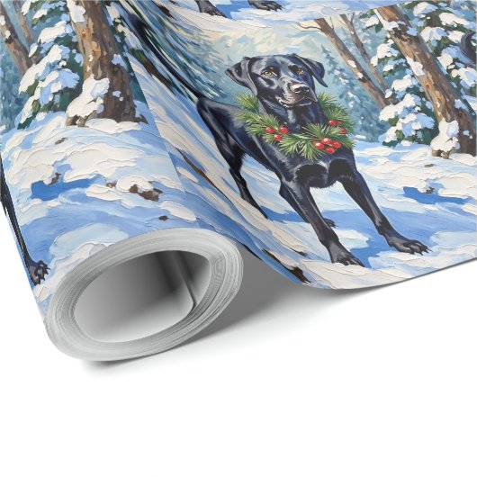 Black Lab Serene Winter Forest Christmas Holiday Geschenkpapier (Rolleneckpunkt)