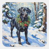 Black Lab Serene Winter Forest Christmas Holiday Quadratischer Aufkleber (Vorderseite)