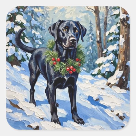Black Lab Serene Winter Forest Christmas Holiday Quadratischer Aufkleber (Vorderseite)