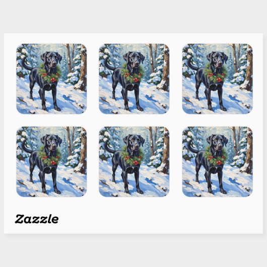 Black Lab Serene Winter Forest Christmas Holiday Quadratischer Aufkleber (Blatt)