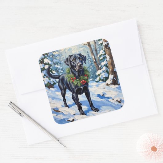 Black Lab Serene Winter Forest Christmas Holiday Quadratischer Aufkleber (Umschlag)