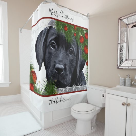 Black Lab Weihnachten - Personalisiertes Welpenlab Duschvorhang (Beispiel)