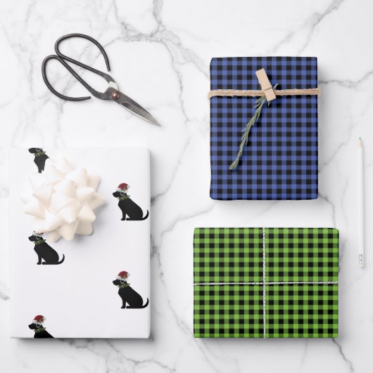 Black Lab Weihnachts-Muster Karo Combo Fun Geschenkpapier Set (Vorderseite)