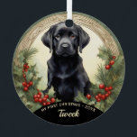 Black Lab Welppy's First Christmas Metal Ornament<br><div class="desc">Eine niedliche Black Lab Welpe Pose für seine erste Weihnachtsfeier. Name,  Jahr und Foto sind leicht personalisiert. Haben Sie kein Foto von dem neuen Black Lab Welpe Ihres Lieben? Kein Problem! Beide Seiten dieses Ornaments sind bereits mit perfekten Geschenkbildern vorbereitet.</div>