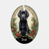 Black Lab Welppy's First Christmas Metal Ornament Aus Metall (Vorderseite links)