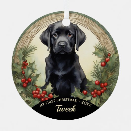 Black Lab Welppy's First Christmas Metal Ornament Aus Metall (Vorderseite)