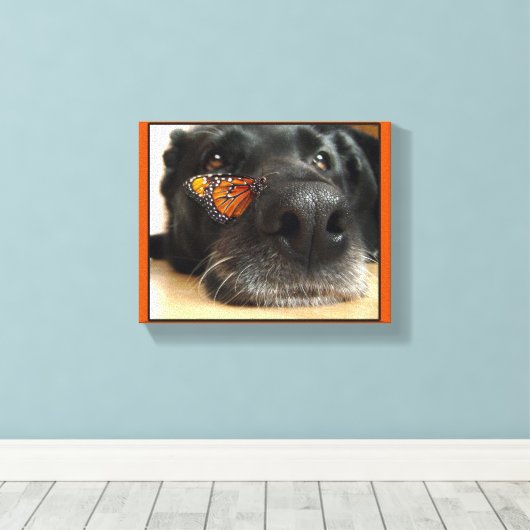 BLack-Labor-Hund mit Schmetterling Leinwanddruck (Insitu (Holzboden))