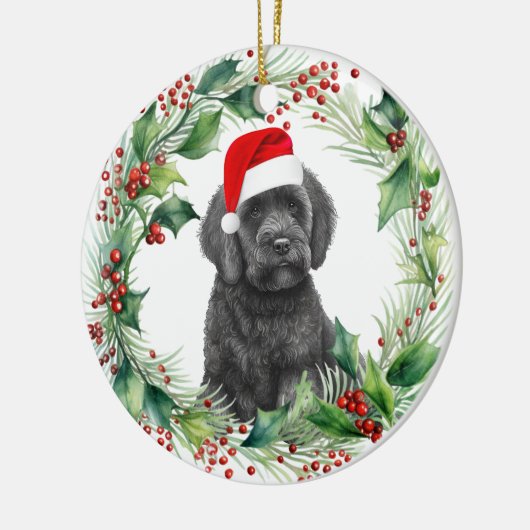Black Labradoodle Puppy Holly Wreath Weihnachten Keramik Ornament (Links)