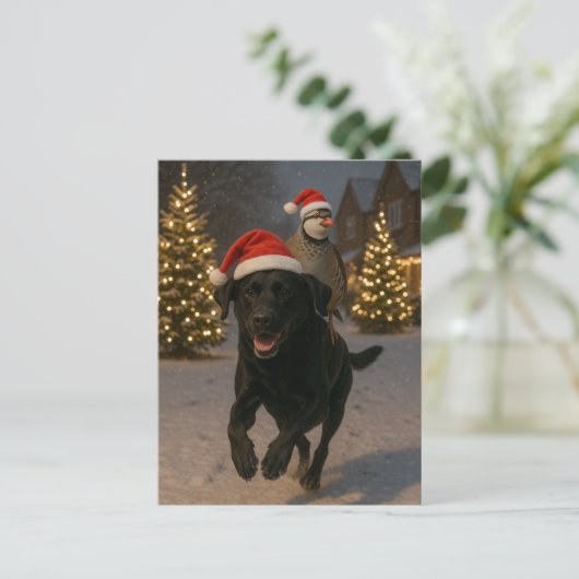Black Labrador and Partridge Christmas postcard Postkarte (Stehend Vorderseite)