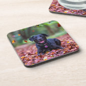 Black Labrador In Fall Leaves Getränkeuntersetzer (Linke Seite)