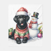Black Labrador Puppy Dog Snowman Winter Holiday Fleecedecke (Vorderseite)