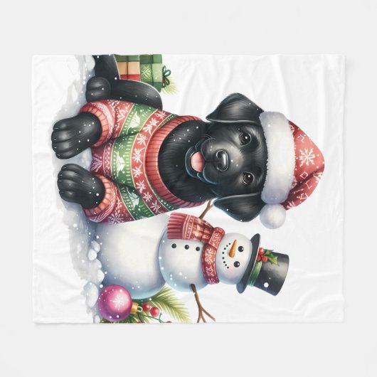 Black Labrador Puppy Dog Snowman Winter Holiday Fleecedecke (Vorderseite (Horizontal))