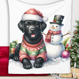 Black Labrador Puppy Dog Snowman Winter Holiday Fleecedecke