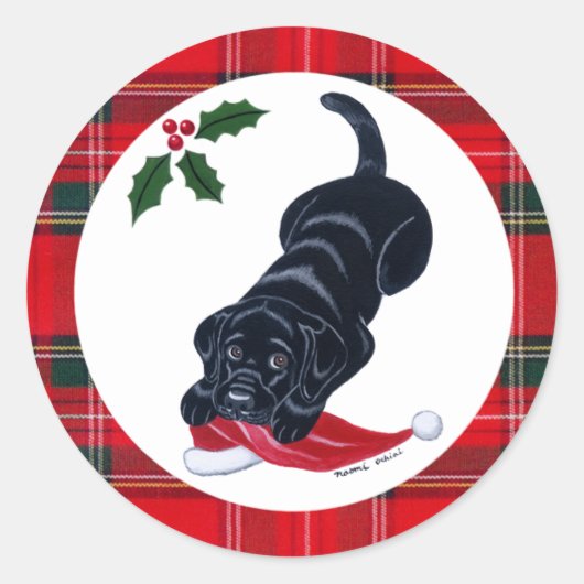 Black Labrador Puppy & Weihnachtsmannmütze Christm Runder Aufkleber (Vorderseite)