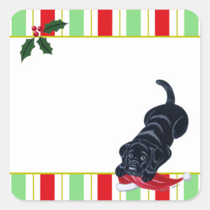 Black Labrador Puppy & Weihnachtsmannmütze Geschen Quadratischer Aufkleber