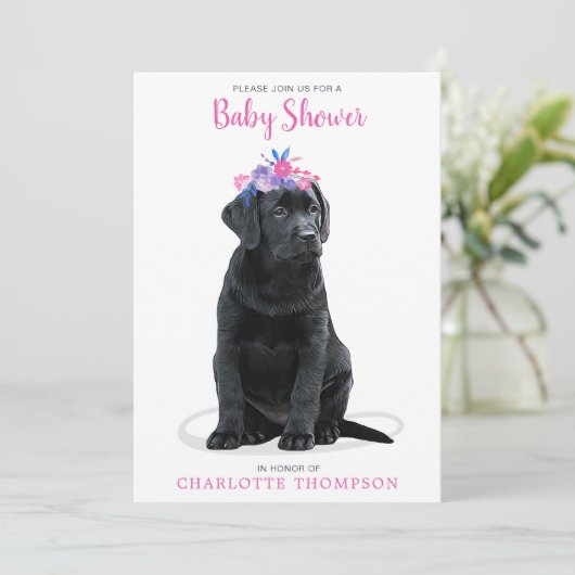 Black Labrador Retriever Baby Dusche Pink Girl Einladung (Stehend Vorderseite)