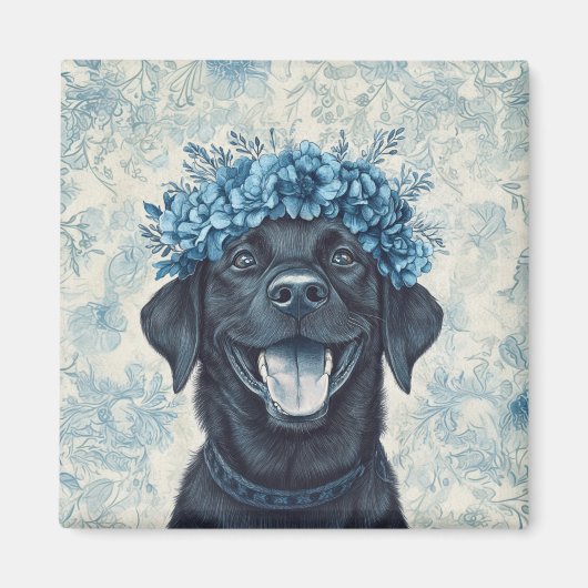 Black Labrador Retriever Hund Blue Floral Kitchen Magnet (Vorne)